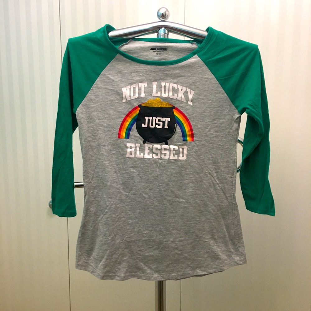 NWOT Joe Boxer green gray fitted baseball tee “Not Lucky Just Blessed” Size XS